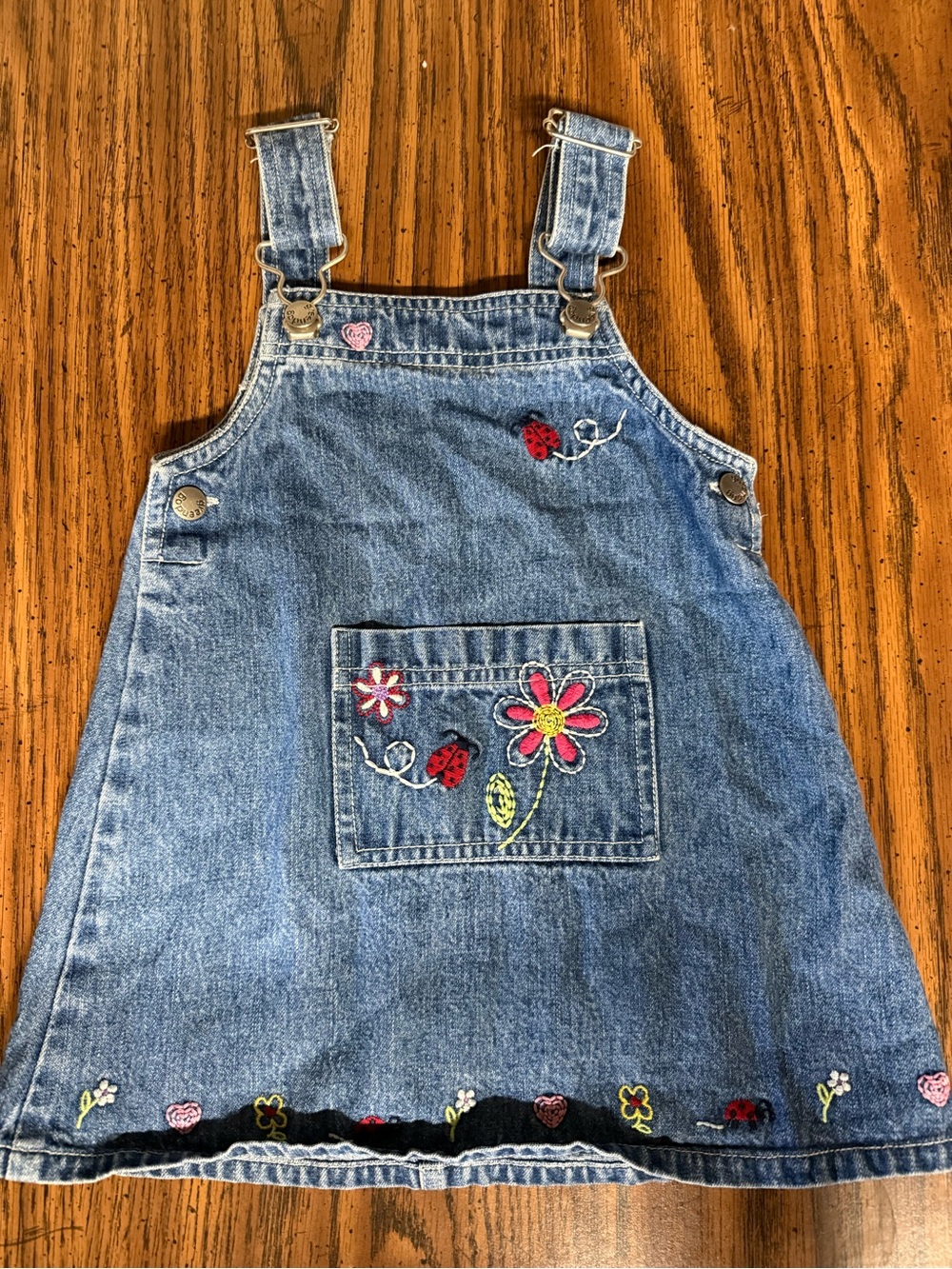 greendog Blue Denim Jumper Dress with Embroidered Flowers & Ladybugs